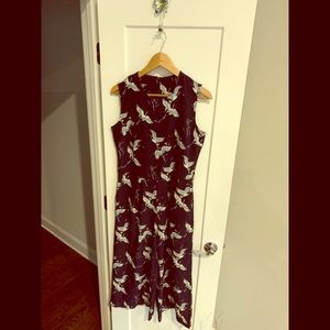 Navy blue jumpsuit with crane print